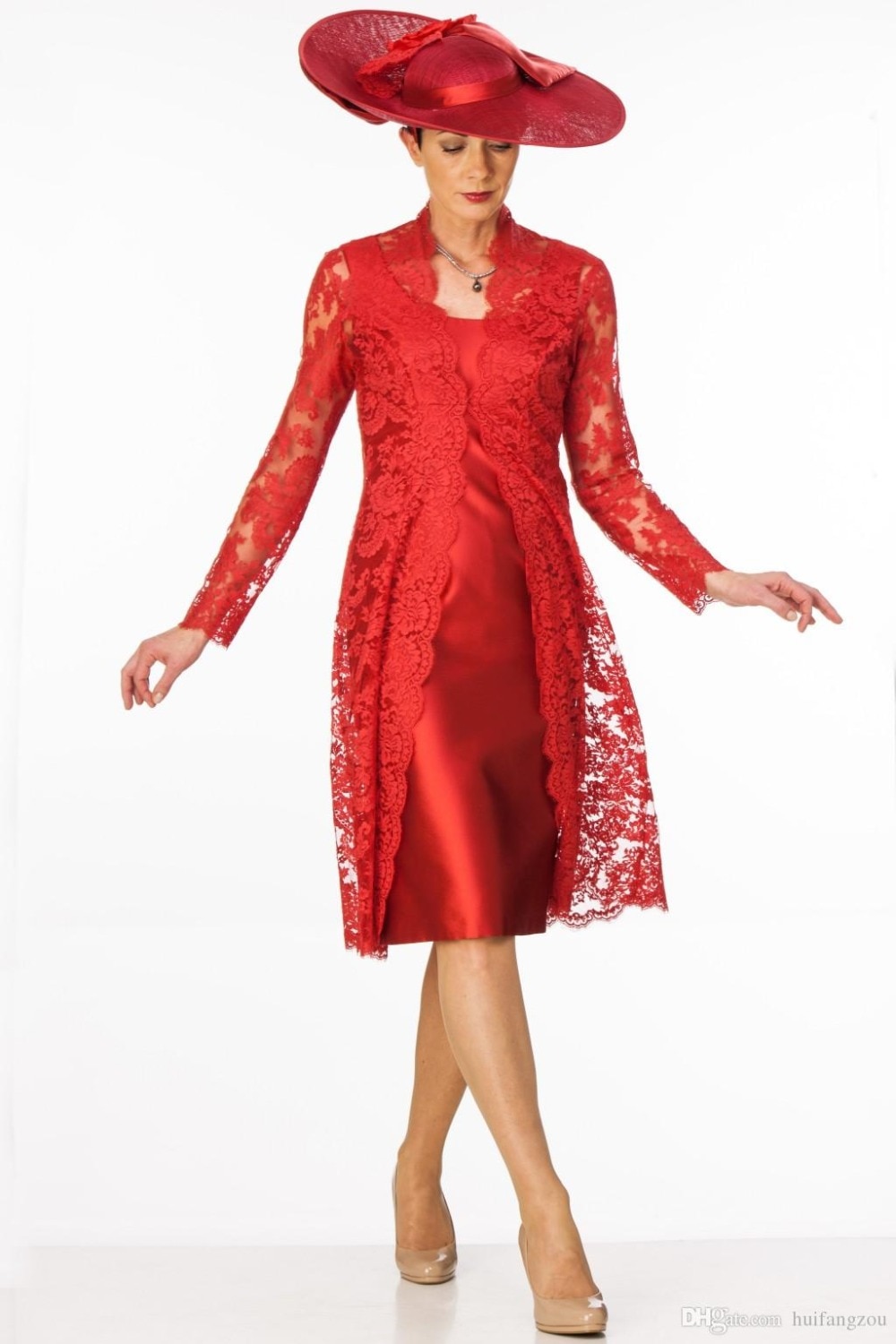 특종 neckline 어머니 착용 무릎 길이 저녁 파티 가운 칼집 2018 긴 레이스 자켓과 신부 드레스의 붉은 어머니